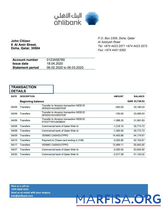 Printable Qatar Ahlibank proof of address bank statement word real example
